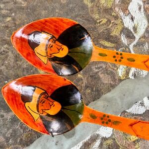 Vtg Hand‎ Painted Folk Art Russian Wooden Spoons Set of 2 Decor Vintage Kitchen
